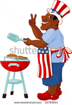 Funny Man with Uncle Sam Hat cooking A Hamburgers On A Barbecue Bbq ...