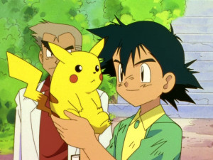 Ash shows off his new Pikachu.