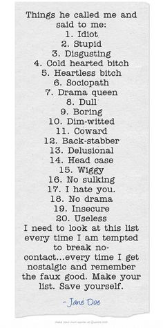 ... No sulking 17. I hate you. 18. No drama 19. Insecure 20. Useless I