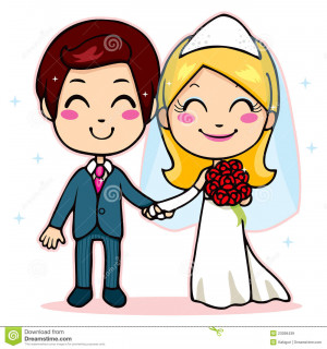 Cute married couple smiling with joy holding hands on wedding day.