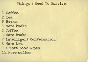 : coffee. tea. books. coffee. books. notebook and pen. coffee. books ...