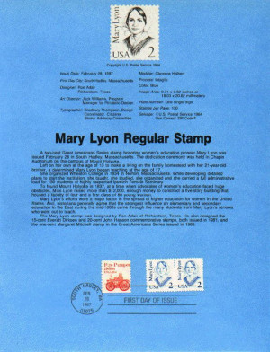 the souvenir page for the mary lyon stamp two postmarked mary lyon ...