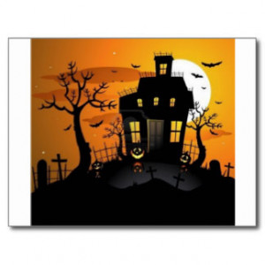 Halloween haunted-house postcard