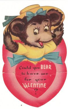 Dressed Girl Bear in Picture Hat Vintage Valentine Die-Cut Card for ...