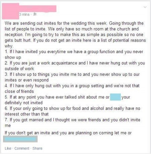 One of the bride's Facebook friends reposted her 