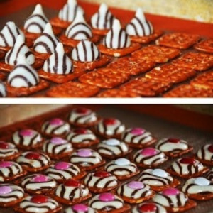 Cute lil snack for parties. Pretzels, Hershey kiss, then an m