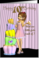 10th Birthday, Happy Birthday Card little girl with a big cake and cup ...