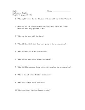 Night by Elie Wiesel Reading Questions for each Chapter