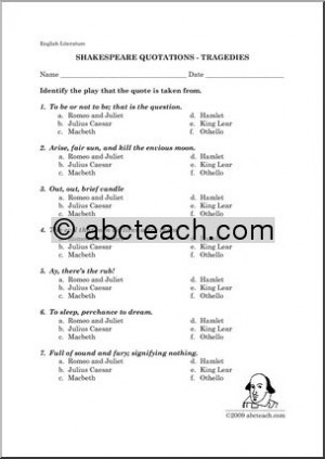 Worksheets: Shakespeare's Tragedies - quotes (middle school/high ...