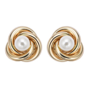 Gold And Pearl Love Knot Stud Earring