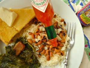 New Year's Day plate: greens, black-eyed peas, sauerkraut/cabbage ...