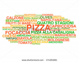 Traditional Italian pizza types. Word cloud concept. Raster version ...