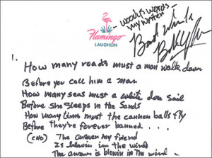 ... for Bob Dylan - Blowin In The Wind - Handwritten Lyrics from eil.com