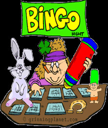 funny cartoon of woman playing bingo; she is surrounded by good luck ...