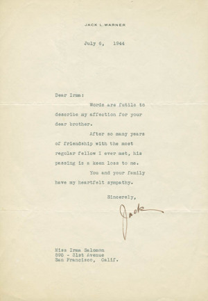 JACK L quot SPORTING BLOOD quot WARNER TYPED LETTER SIGNED 07 06 1944