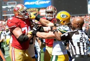 San Francisco 49ers tackle Joe Staley, left, and Green Bay Packers ...