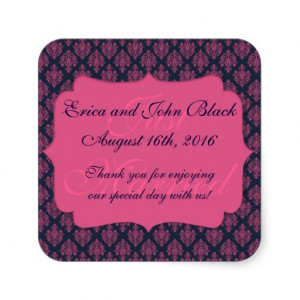 Pink and Blue Damask Wedding Favor Thank You Square Sticker