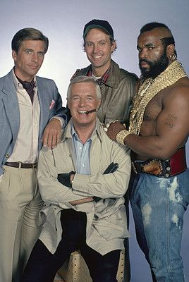 The main cast of The A-Team: H. M. Murdock (Dwight Schultz), B. A ...