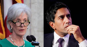 Kathleen Sebelius (left) and Sajay Gupta (right) are shown in this ...