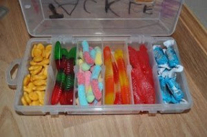 Tackle box filled with fishing themed treats. Father's day gift, for ...