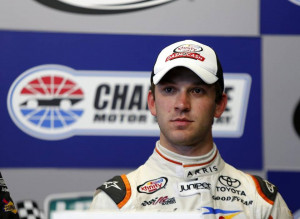 Daniel Suarez speaks to the media in a press conference after the
