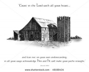 Pencil Drawing of Old Barn with Proverbs Bible Verse - stock photo
