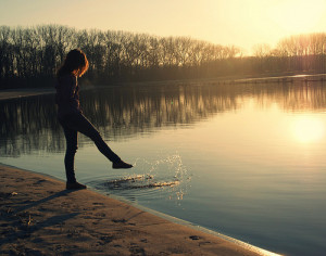 alone, girl, lake, sunset, trees, water