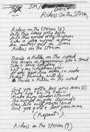 Jim Morrison's handwritten lyrics for Riders on the Storm