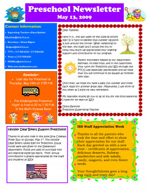 Preschool Newsletter May 13 2009 Contact Information Dear Families ...