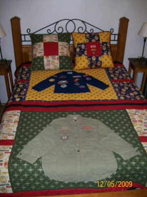 Quilt from Cub Scout shirts and patches. Scout Room