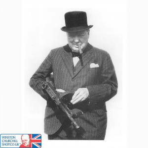 Winston Churchill inspecting a 'Tommy' gun Print (Mounted)