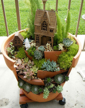 ... succulents fairy garden gardening upcycling gnomes sedums Broken pots