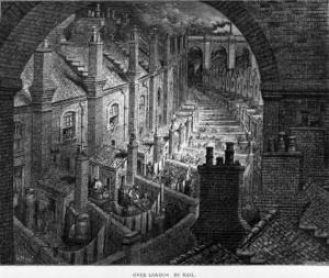An engraving showing living conditions in London during the Industrial ...