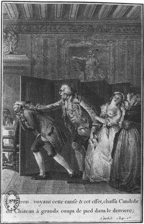 ... effect, threw Candide out of the castle with many a kick to the rear