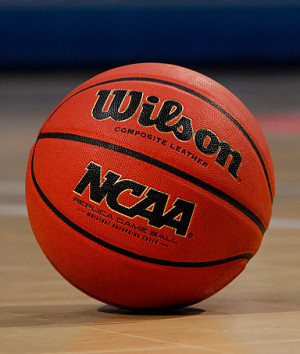 detail view of an Wilson NCAA basketball is seen on a court at ...