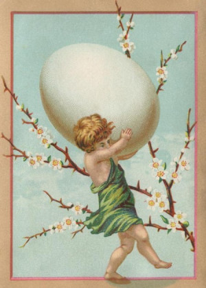 Easter Postcard of a Cherub Carrying an Egg - Click for printable .