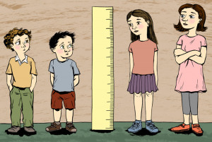 short boys and tall girls illustration drawing next to a measuring ...