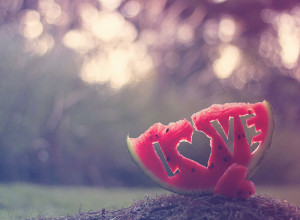 bokeh, creative, heart, love, macro, quote, watermelon