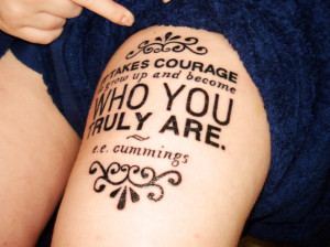 Literary thigh tattoo Show Your Strength With Courage tattoos