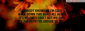 Nobody knows me I'm coldWalk Down This Road All AloneIt's no one's ...