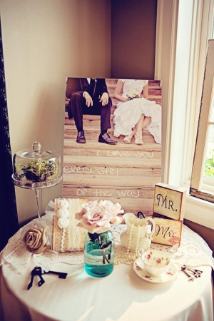 burlap & lace inspired wedding - love the quote on the photo @Brooke ...