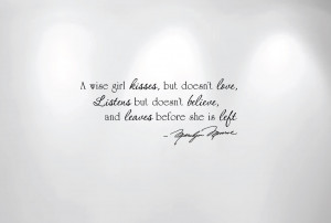 Wise Girl Kisses but Doesn't Love - Marilyn Monroe Wall Decal Quote ...