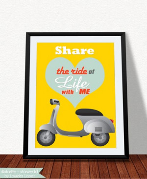 Retro scooter art print, quote print Ride of Life, mid century modern