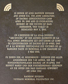 Plaque at Dachau concentration camp commemorating the liberation of ...