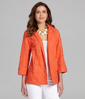 Peter Nygard roll-tab sleeve orange jacket and gold bib necklace over ...