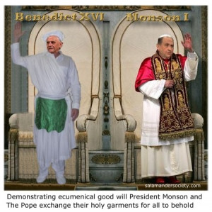 Thomas S Monson and Pope Benedict exchange holy garments.