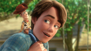 Woody rides on Andy's back in Toy Story 3
