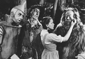Jack Haley as the Tin Man, Ray Bolger as the Scarecrow, Judy Garland ...