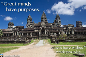 Angkor Wat in Cambodia with Washington Irving quote about purpose.