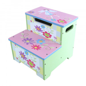 Wooden Quality Hand Painted Bright Color Toddler Step Stool Storage